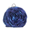 Elegant navy blue 3D rose satin evening handbag with silver metallic top handle - Sapphire Blue