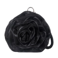 Elegant 3D black rose satin handbag with a metal ring and woven strap for women - Black