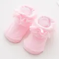 Detail of pink cotton baby socks featuring delicate lace edges and a soft silk bow accent - 0-6 Months / Pink