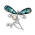 Elegante broche de libélula con alas de nácar iridiscente y un detalle de perla blanca - Estilo Libélula (B186-A) / Plata AB