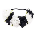 Detailed view of elastic headband with realistic black and white fabric rose flowers - Black+White