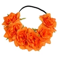 Detailed view of elastic headband with seven vibrant orange fabric faux rose flowers - Orange