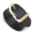 Minimalist black leather bracelet for women with a gold horseshoe buckle and metal accents - Black