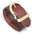 Minimalist brown faux leather bracelet with polished golden metal buckle and stitching - Brown