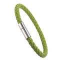 Braided green PU leather bracelet with polished silver magnetic clasp on white background - Green
