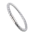 Detailed view of silver braided leather bracelet with a cylindrical brushed metal clasp - Silver