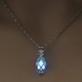 Glow in the dark pineapple cage necklace with luminous blue bead and silver chain - Sky Blue Pineapple