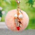 Peach faux fur pompom keychain with crystal lipstick charm and gold metal ring for bags - D Letter Lipstick Pink Pom Pom