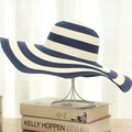 Women's wide brim navy blue and beige striped straw sun hat for summer beach vacations - One Size (Adult) / Navy Stripe