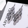 Fashionable layered dark grey metallic leaf drop earrings with matte finish and ear hooks - H4652 Matte Multi-layer Oval