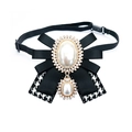 Elegant black satin bowtie with houndstooth ribbon, pearls and rhinestones detail - Black and White Ribbon Style