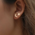 Minimalist gold moon and star stud earrings set shown on model for a trendy look - KC Gold Minimalist Star Moon Stud Earrings Set (4242)