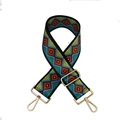 Detailed view of wide woven colorful geometric pattern strap with gold metal buckles - Light Blue Diamond