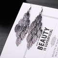 Fashionable gun black feather layered long drop earrings with metallic hook style - E1496-3 Feather Shape