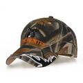 Detail of deer hunter camouflage baseball cap with brown deer embroidery and orange text - Adjustable / Camouflage Deer Head Embroidery Style