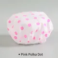 Waterproof elastic shower cap for women featuring pink polka dots on white PEVA fabric - Pink Polka Dots