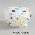 Waterproof shower cap featuring colored polka dots and elegant white lace elastic trim - Colored Polka Dots