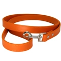 Bright orange PU leather dog leash with a polished silver metal hook on white background - Orange