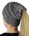 Detail of grey knitted ponytail beanie showing the opening for hair on the back side - M (56-58cm) / Black and White Mixed