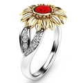 Two-tone sunflower ring with a red gemstone center and diamond-accented leaves - US 5 / Red