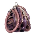 Detail of 3D satin rose evening bag featuring purple gold gradient and woven handle - Mauve