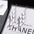 Long silver tassel earrings with layered brushed metal leaf charms and fish hook style - H4651 Brushed Multi-layer Leaf