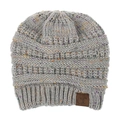 Detailed texture of grey speckled knit beanie with ribbed brim and brown C.C leather patch - M (56-58cm) / Light Gray