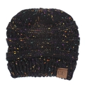 Detailed texture of thick knit beanie with colorful flecks and brown faux leather tag - M (56-58cm) / Black