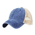 Vintage washed cotton trucker hat in denim blue and beige breathable mesh - Navy Blue With Metal Buckle