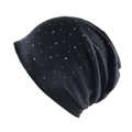 Detail of black knitted beanie with sparkling silver rhinestones on soft fabric - 56-60cm / Black