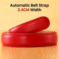 Red lychee grain cowhide leather belt strap 2.4cm width with automatic buckle track - 2.4cm Red Double Stitched