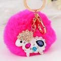Sparkly sheep charm keychain with hot pink faux fur pompom and golden metal ring - White Lamb + Rose Red Pom Pom