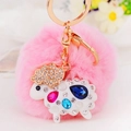 Pink faux fur pompom keychain with crystal-studded sheep pendant and gold lobster clasp - White Lamb + Pink Pom Pom