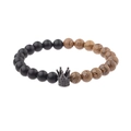 Beaded bracelet with matte black beads, wood grain accents and black crown charm - ABJ005-E2 Matte Black Wood Crown