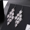 Long layered metal earrings with diamond shaped pendants in matte silver finish - E1508-3 Matte Rhombus