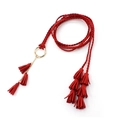Dark red braided belt for dresses with golden metal ring buckle and cascading tassels - Red