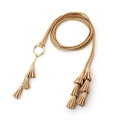 Braided beige waist belt for women featuring golden rings and multiple tassel charms - Khaki