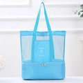 Sky blue mesh tote bag with a dual-layer insulated zipper compartment for outdoor storage - Blue