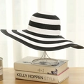 Wide brim straw sun hat featuring classic black and white horizontal stripes for beach vacations - One Size (Adult) / Black & White Stripes