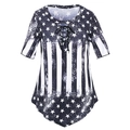 Women's V-neck short sleeve T-shirt with American flag print and lace-up neck detail - S / Tops / Black