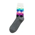 Mittelhohe Socken mit buntem Rautenmuster und weißem Rippstrickbündchen - Einheitsgröße / Weißer Bund Grau Argyle
