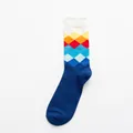 Wadenhohe Baumwollsocken mit bunten geometrischen Rautenmustern und dunkelblauer Basis - Einheitsgröße / Weißer Bund Marine Argyle