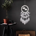White dream catcher with daisy flowers, cloud pendants and soft feathers hanging in room - No Light Version / White