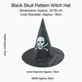 Black Halloween witch hat with skull print and 33cm height dimension details - Black Witch Hat with Skull Pattern