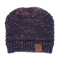 Close-up of thick knit beanie texture with mixed yarn colors and brown C.C leather patch - M (56-58cm) / Navy Blue