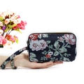 Floral fabric long wallet in navy blue with pink flowers and three zippers - Ephemeral Bloom