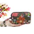 Deep olive floral fabric long wallet with three zippers and a matching wrist strap - Large Colorful Blooms
