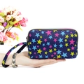 Three-layer fabric long wallet for women with navy blue star pattern and wrist strap - Gypsophila Geometric