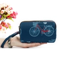 Navy blue fabric wristlet bag with vintage bicycle pattern and triple zipper storage - Blue Bicycle Pattern