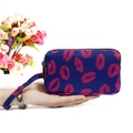 Blue fabric wristlet wallet with pink lip print pattern and triple zipper closure - Rose Red Lips